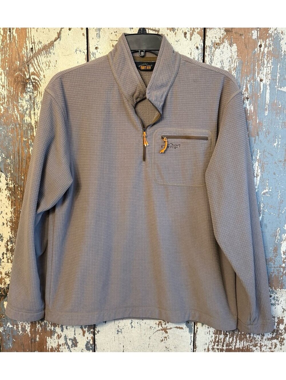 Orvis Trout Bum Light tan grid half zip fleece pullover, mens size Large